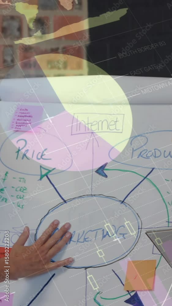 Poster animation of data processing over diverse business people discussing work