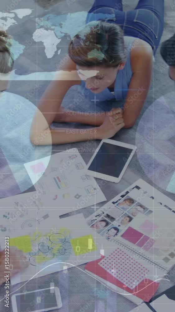 Poster animation of data processing over diverse business people discussing work
