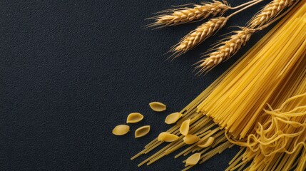 Assorted Pasta and Wheat Spikes on Dark Background with Copy Space
