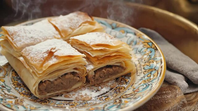 Traditional Moroccan dish, Pastilla, Close-up of flaky pastry with golden-brown crust and rich filling, Warm earth tones, Soft  light, Cozy and aromatic
