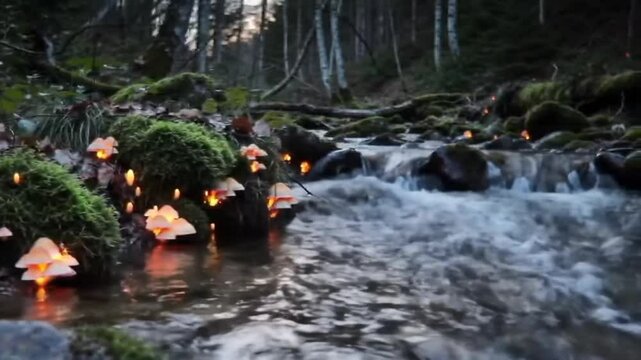 A stream flowing gently through a glowing patch of fungi, reflecting their faint light.
