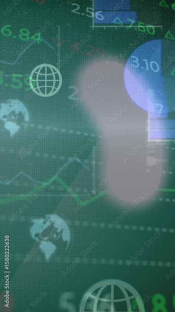 Poster animation of multiple web globe icons over stock market data processing against green background