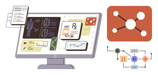 Computer monitor displaying medical records, patient history, drug prescriptions, X-rays, and genome research linked with neural network and AI processes. Ideal for healthcare, technology, medicine