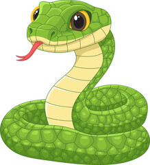 Cartoon green snake with tongue out and big eyes coiled in a striking pose.