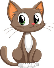 Cute Cartoon Cat with Big Eyes and a Pink Nose on a Black Background