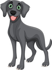Cartoon illustration of a friendly and happy gray dog with green eyes.