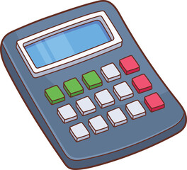 A colorful calculator with a blue screen and multiple buttons for calculation