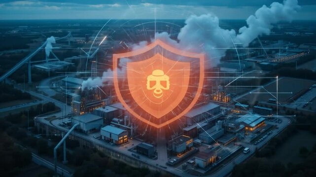 The shields surrounding industrial facilities symbolize the protection of critical infrastructure. 4k video