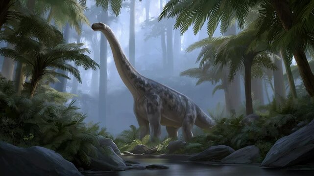 Explore a prehistoric scene with Diplodocus peacefully grazing in a lush Jurassic fern forest.