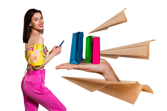 Creative graphics collage painting of smiling lady online shopping apple samsung iphone device isolated drawing background