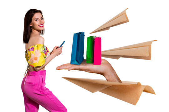 Creative graphics collage painting of smiling lady online shopping apple samsung iphone device isolated drawing background