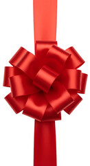 Isolated Festive Red Satin Ribbon Bow Hanging with Celebration Elements