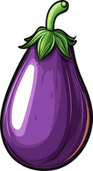 Illustrated glossy eggplant with green stem and leaves on a black background