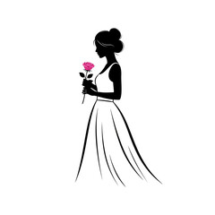 Fototapeta premium Silhouette of Elegant Woman Holding a Rose in a White Dress