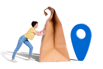 Creative photo banner collage of funny woman pushing huge carton parcel delivery surprise courier geotag isolated on blue color background