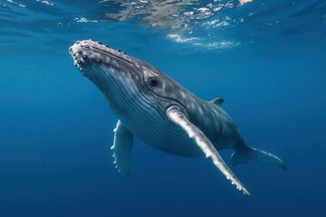 Fototapeta premium A lone humpback whale gracefully swims beneath the clear blue waters of the ocean
