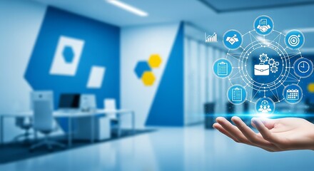 Hand presenting digital icons related to business processes in a modern office environment.