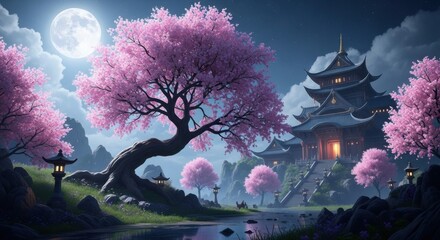 Enchanting Japanese Pagoda Under a Full Moon Amidst Blooming Cherry Blossoms