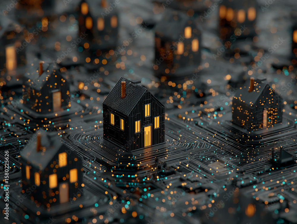 Poster a futuristic 3d rendering on a dark background featuring multiple small black house icons floating a