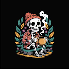Fototapeta premium Cartoon skeleton wearing a beanie and flannel shirt, sitting on a rock, holding a steaming pot.