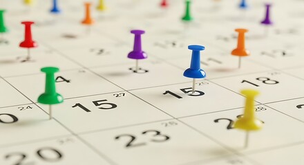 Calendar page with various colored push pins marking dates, suggesting planning and scheduling.