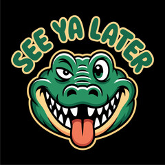 Cartoon alligator with a mischievous expression and the phrase 