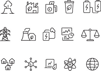 Eco Energy and Green Technology Line Icons – Clean Power, Renewable Industry, Smart Grid, Sustainable Infrastructure, and Environmental Innovation Symbols