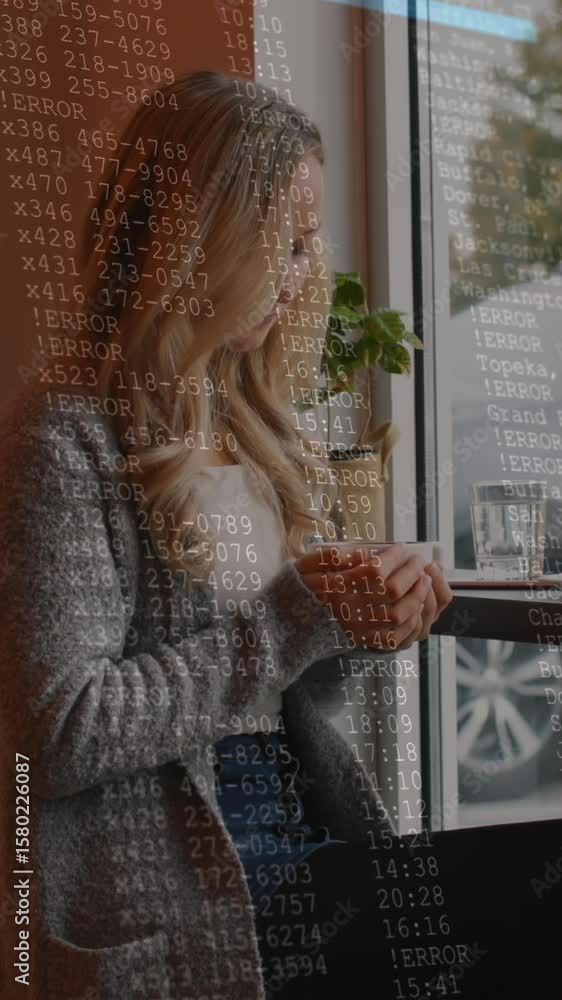 Aufkleber animation of lines and data processing over caucasian woman using smartphone at cafe