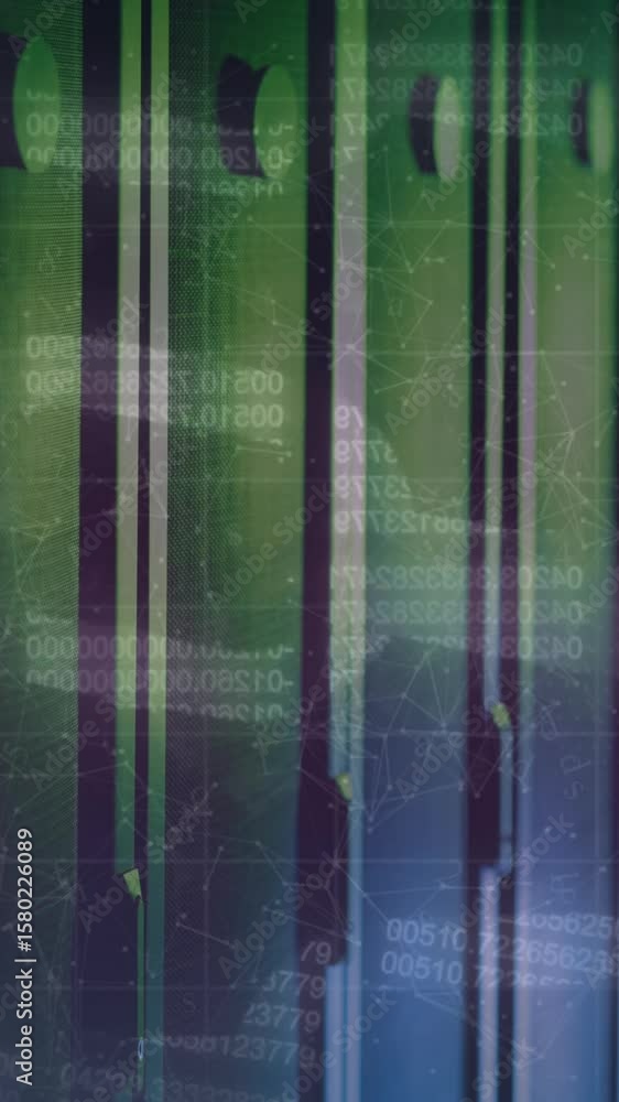 Poster animation of security chain icon and network of connections against computer server room