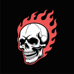 A white skull with a menacing expression surrounded by red flames against black background.