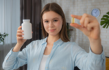 Young Woman Displaying Vitamin Pill and Blank Supplement Bottle