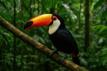 Fototapeta premium A vibrant Toucan perches on a branch in a lush forest, its striking orange beak and black body contrasting with the verdant greenery