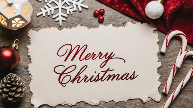 Merry Christmas Typographical on red Xmas background with winter landscape with snowflakes, light, stars. Merry Christmas card