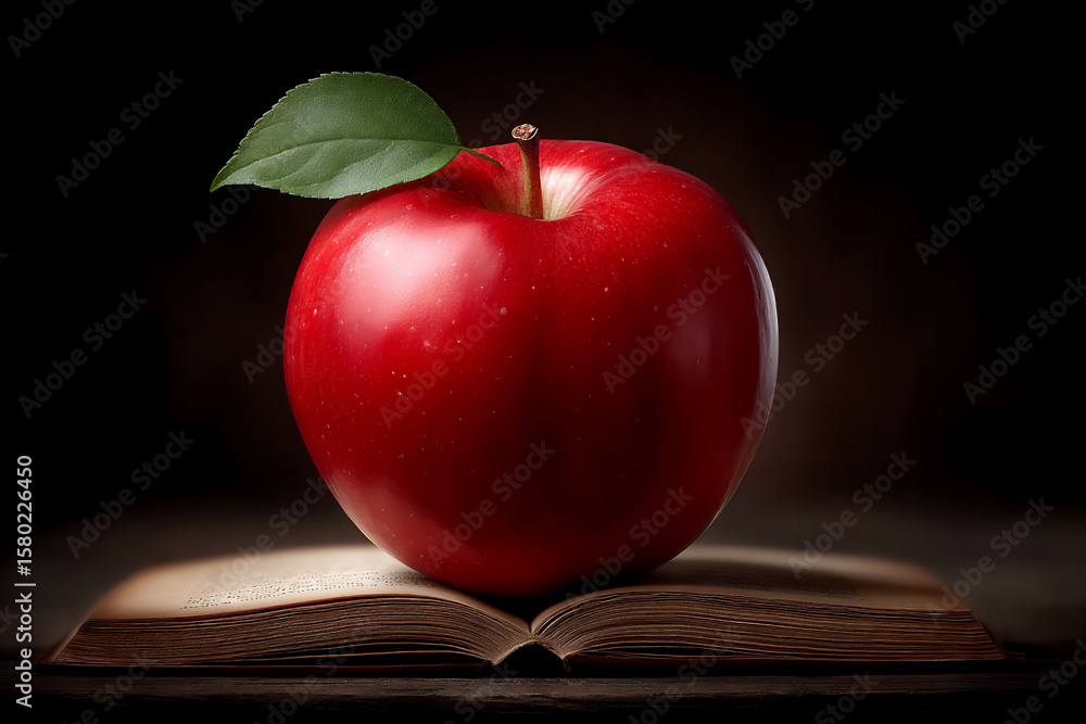 Poster a single red apple resting on the pages of a gently illuminated open book.