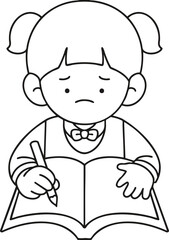 Line drawing of a girl struggling with her studies