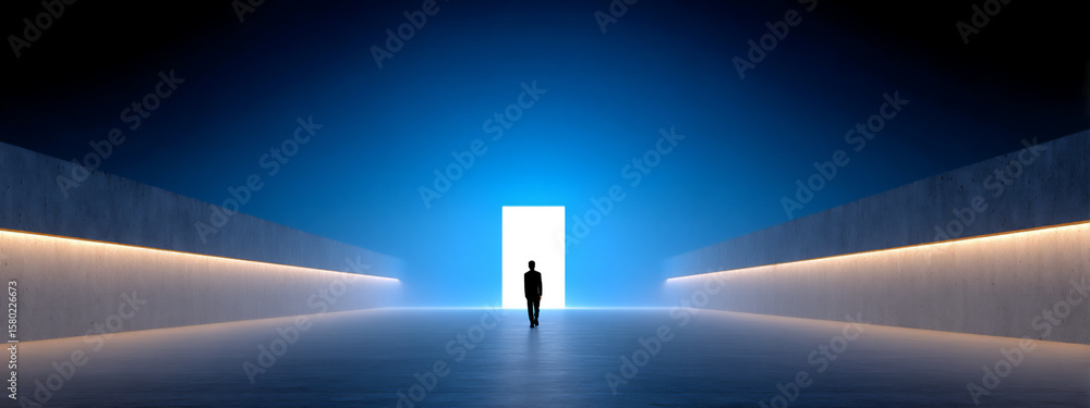 Poster a 3d rendering of a dark blue corridor filled with fog