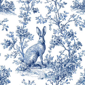 Seamless Pattern &ndash; Jackalopes and Sagebrush in Blue and White Toile de Jouy, French Engraving Style with Ornate Classical Layout for Vintage-Inspired Textile Designs