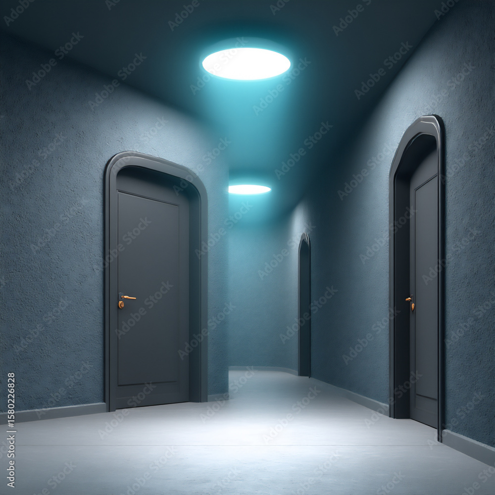 Poster a cold and mysterious 3d rendering filled with a dark blue hue and a hazy atmosphere of faint fog or
