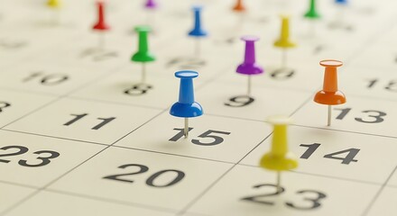 Colorful pushpins mark important dates on a close-up view of a monthly calendar.