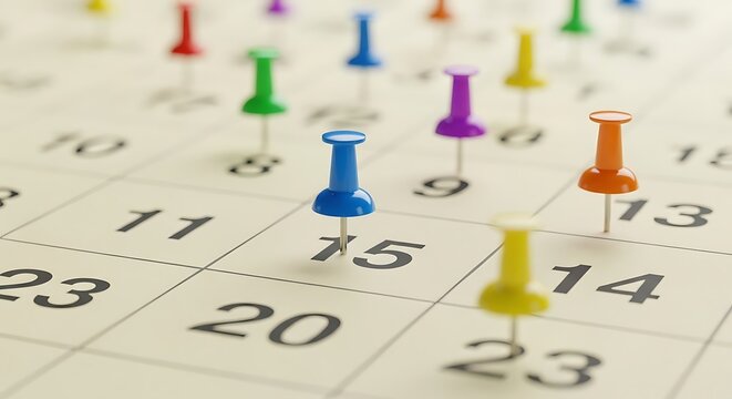 Colorful pushpins mark important dates on a close-up view of a monthly calendar.