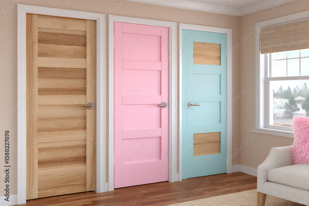 Poster a corridor with a series of identical doors except for their differently colored handles.
