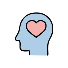 Calm, relaxed mind depicted through a pastel blue profile and a central pink heart in simple line art