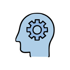 Clean vector illustration of a human head with a cogwheel, representing thought process and mental well-being