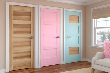 a corridor with a series of identical doors except for their differently colored handles.