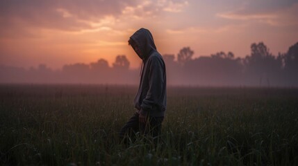 Solitary Teenage Boy in Hoodie Walking in Misty Field at Sunset, Symbolizing Sadness or Hope