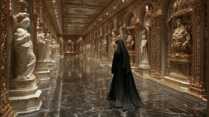 Naklejka premium A nun touching a golden railing inside a baroque-style church corridor