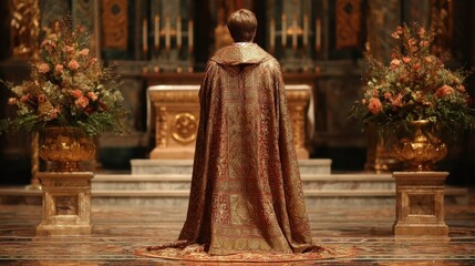 Naklejka premium Back view of priest bowing at altar, ornate golden vestments flowing 