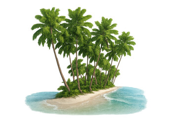 Verdant tropical island with swaying palm trees, pristine sandy shoreline, turquoise waters, and cloudless azure horizon