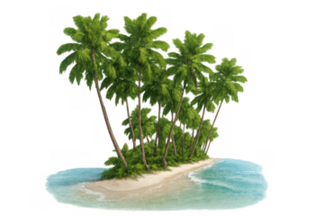 Verdant tropical island with swaying palm trees, pristine sandy shoreline, turquoise waters, and cloudless azure horizon