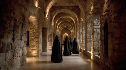 Beautifully decorated corridor with a group of nuns deep in spiritual discussion 